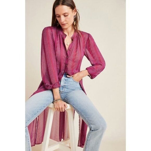 Maeve Sheer Magenta Button-Down Long Tunic Blouse - Picture 1 of 5
